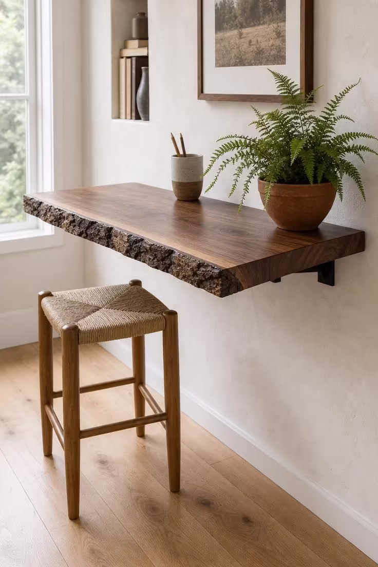 13 Modern Wabi Sabi Ideas That Feel Warm and Lived-In 12 Bark-edge walnut floating desk with hemp-wrapped stool and stoneware pen cup in bright natural light