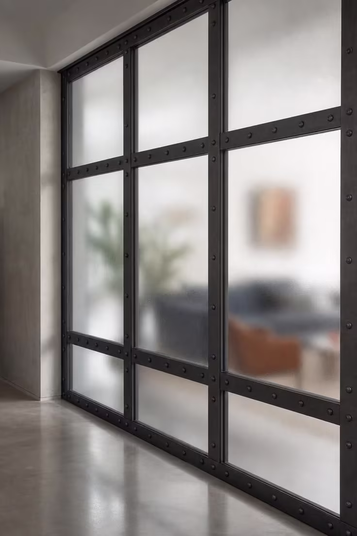 13 Modern Wabi Sabi Ideas That Feel Warm and Lived-In 13 Sand-blasted glass partition in a riveted iron frame dividing a hallway from a living area in cool diffused light