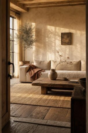 Modern wabi sabi living room with linen sofa, rough-hewn coffee table, and ceramic vase in warm golden afternoon light