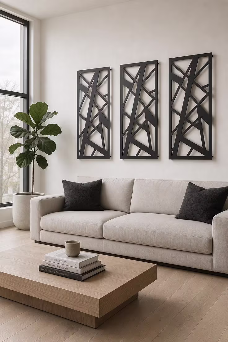 13 Bold Modern Wall Decor Ideas for a Polished Home 1 Three matte black geometric metal panels mounted on a warm white plaster wall above a linen sofa in a modern living room with cool overcast light.