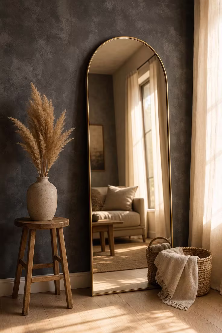 13 Bold Modern Wall Decor Ideas for a Polished Home 2 A tall arched mirror with a brushed brass frame leaning against a charcoal limewash accent wall with warm golden afternoon light reflecting through sheer curtains.
