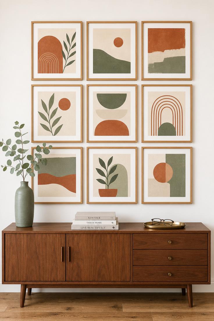 13 Bold Modern Wall Decor Ideas for a Polished Home 3 A 3x3 grid of color-blocked abstract art prints in terracotta, sage, and cream in thin oak frames hung above a walnut credenza in bright midday light.