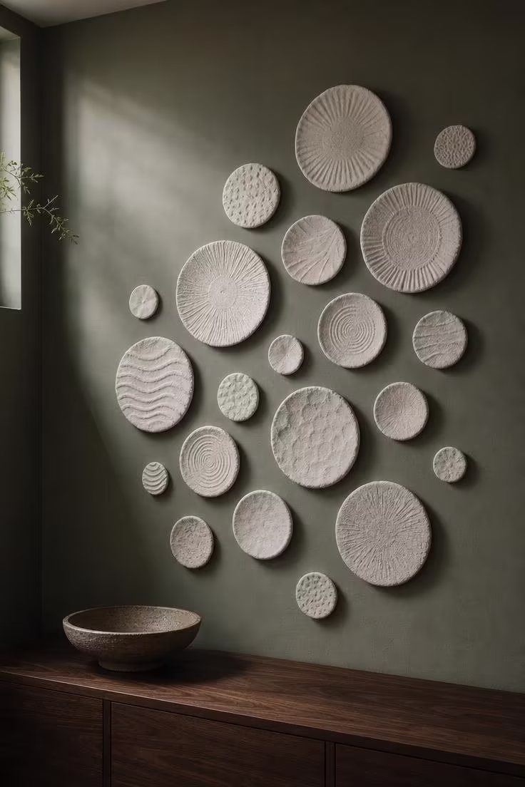 13 Bold Modern Wall Decor Ideas for a Polished Home 5 Matte white handmade plaster relief discs in varying sizes scattered asymmetrically on a sage green wall with moody low directional light casting soft shadows.