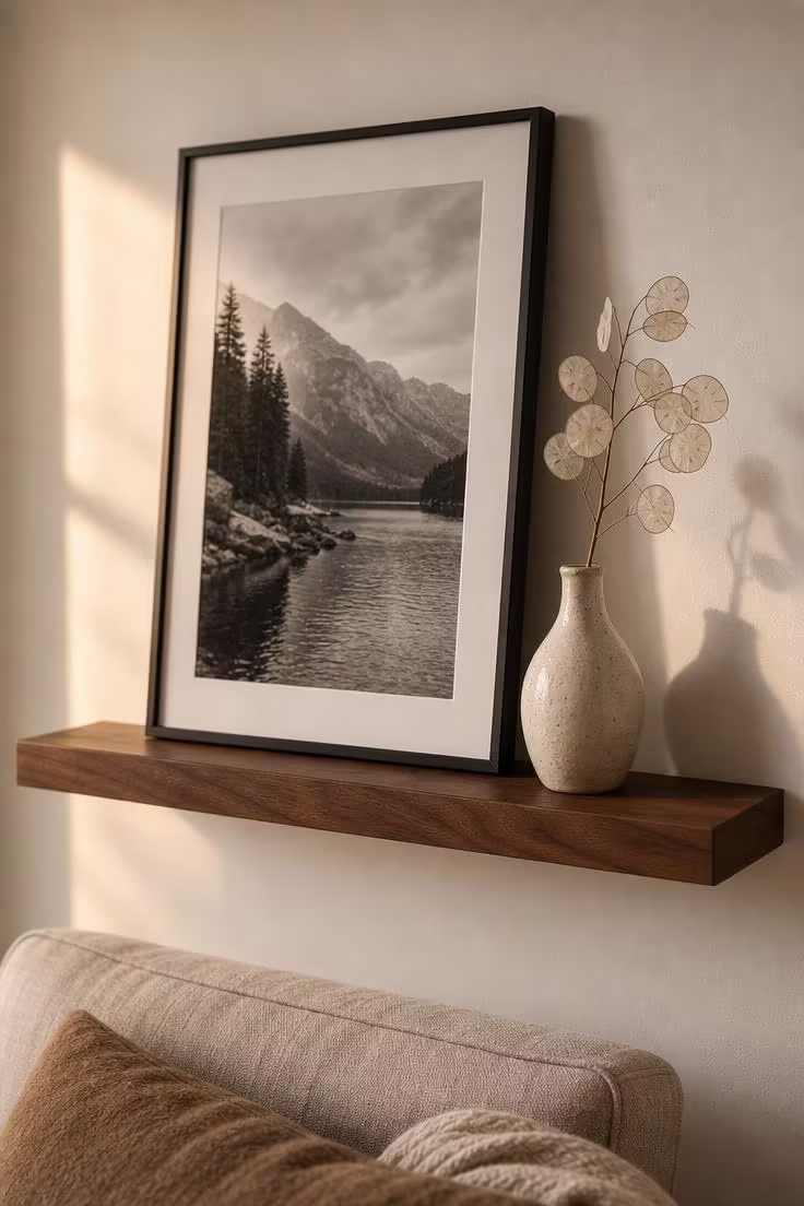 13 Bold Modern Wall Decor Ideas for a Polished Home 6 A walnut floating shelf with a leaning black-and-white photo print and a ceramic bud vase holding dried lunaria in warm golden late-afternoon light.