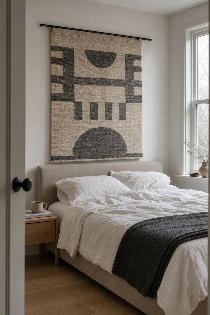 13 Bold Modern Wall Decor Ideas for a Polished Home 7 A large hand-loomed woven cotton wall panel in oatmeal and charcoal hanging from a matte black steel rod above a bedroom headboard in cool overcast morning light.