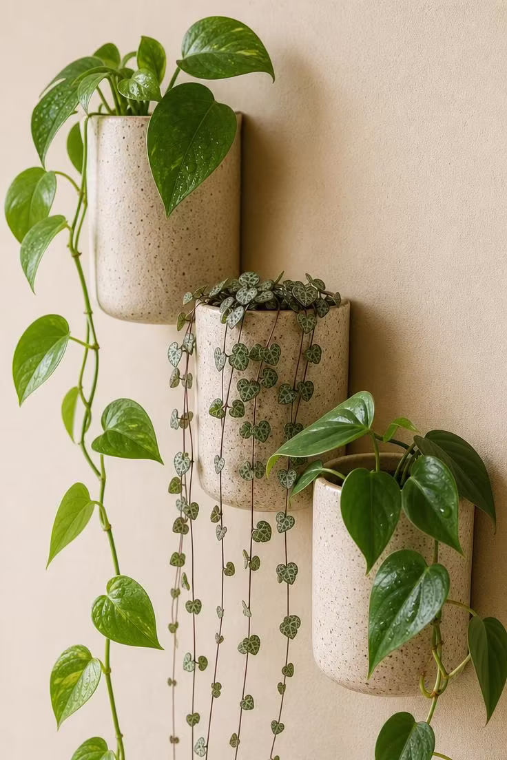 13 Bold Modern Wall Decor Ideas for a Polished Home 8 Three handmade speckled stoneware wall pockets mounted vertically on a warm linen wall holding trailing pothos, string of hearts, and philodendron in bright midday light.