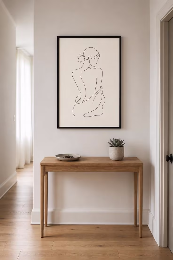 13 Bold Modern Wall Decor Ideas for a Polished Home 9 A minimalist continuous-line ink drawing of a female figure in a black float frame hung at eye level in a hallway with soft diffused light.