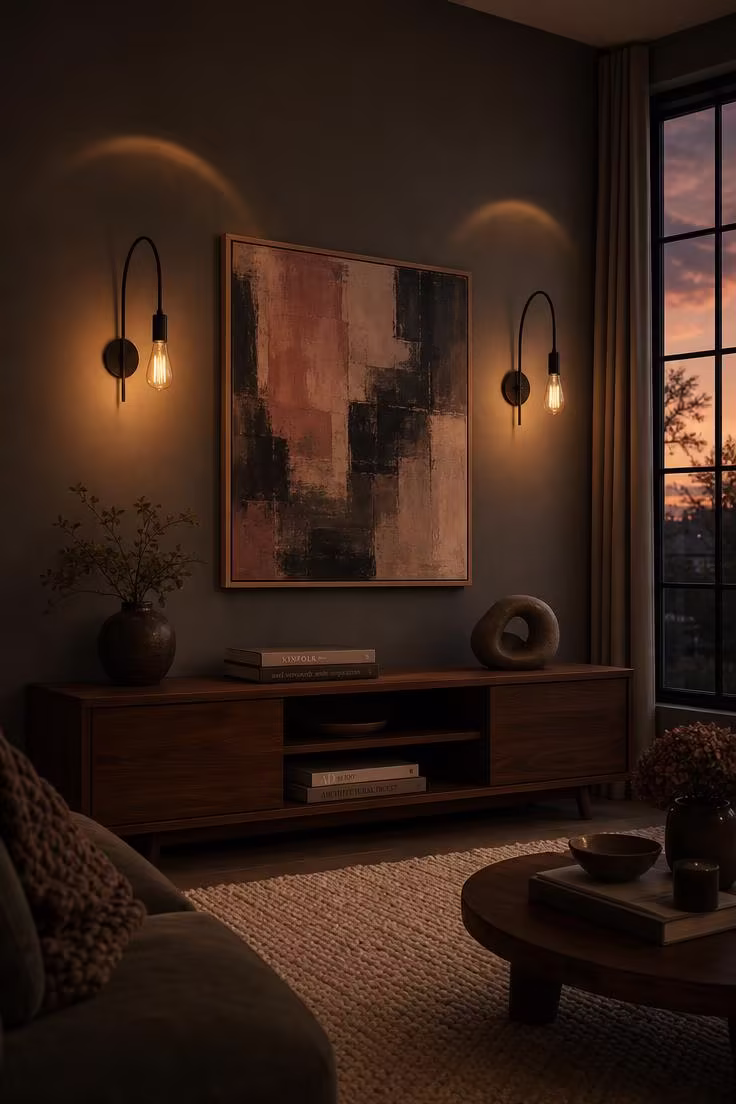 13 Bold Modern Wall Decor Ideas for a Polished Home 10 Two matte black arc-shaped wall sconces with warm Edison bulbs flanking an abstract canvas painting in dusty rose and charcoal tones on a warm grey wall at dusk.