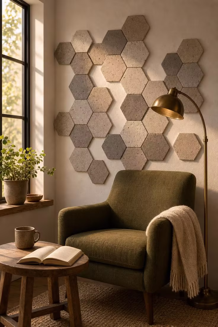 13 Bold Modern Wall Decor Ideas for a Polished Home 11 Raw concrete hexagonal tiles in grey, putty, and sand tones mounted in a loose honeycomb cluster on a white wall behind an olive green reading chair in warm golden light.
