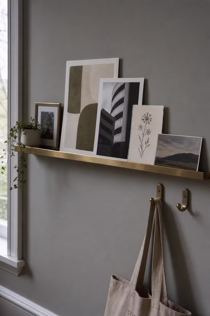 13 Bold Modern Wall Decor Ideas for a Polished Home 12 A slim brass picture ledge on a cool grey wall displaying overlapping art prints, a small framed photo, and trailing ivy in a white ceramic pot in cool overcast light.