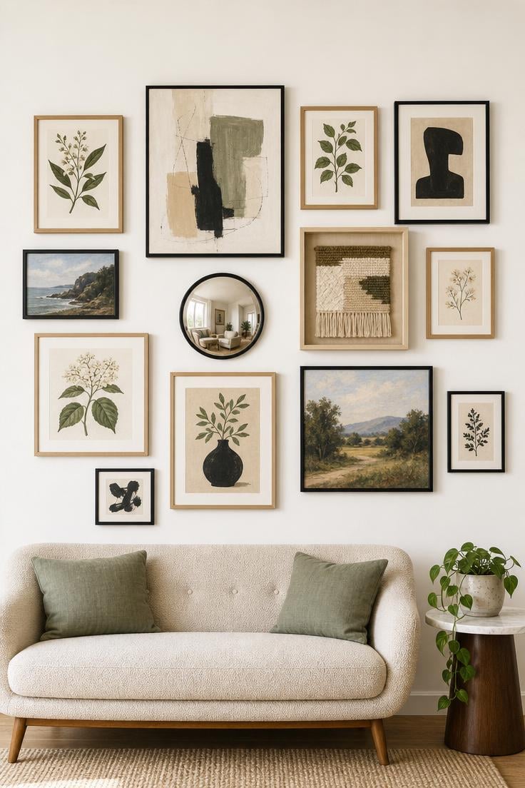 13 Bold Modern Wall Decor Ideas for a Polished Home 13 An asymmetric gallery wall with mixed black and natural ash wood frames displaying abstract art, a small mirror, botanical prints, and a woven textile above an oatmeal sofa in bright midday light.