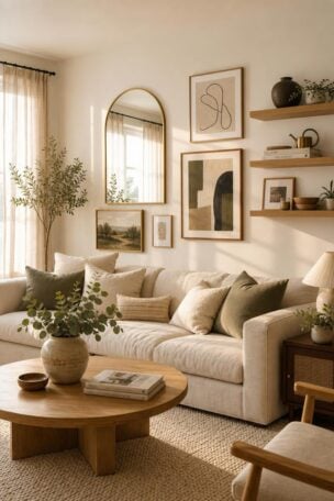 A modern living room with a styled arrangement of framed abstract art, a brass arched mirror, and floating shelves on a warm white wall with golden afternoon light streaming through sheer curtains.