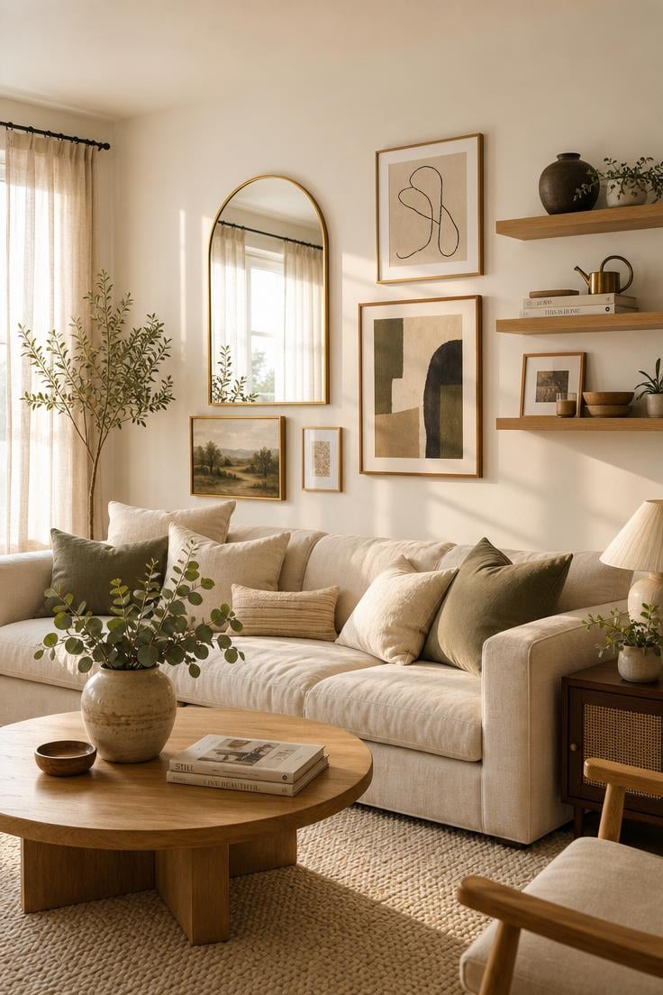 Simple Spaces 13 A modern living room with a styled arrangement of framed abstract art, a brass arched mirror, and floating shelves on a warm white wall with golden afternoon light streaming through sheer curtains.