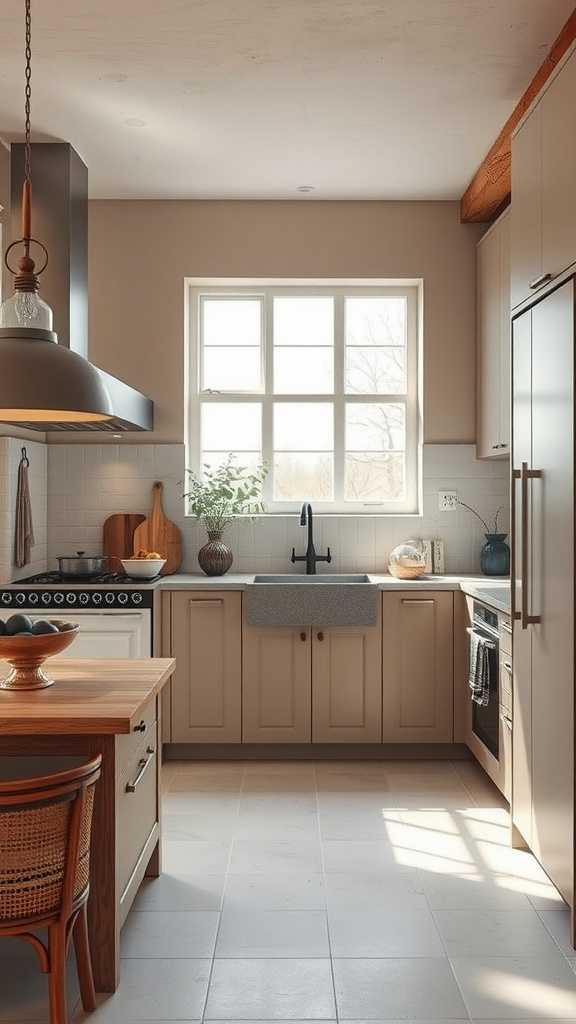 A modern kitchen with warm wood tones and soft beige colors, embodying wabi-sabi design principles.