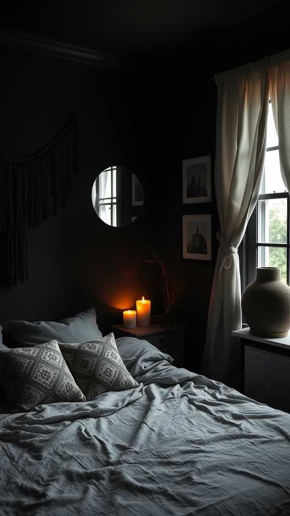 A dark boho bedroom with warm glowing candles scattered on a table, creating a cozy atmosphere.