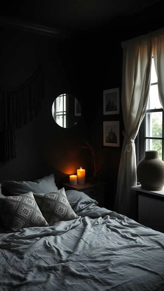 20 Unique Dark Boho Bedroom Ideas for a Bold Statement 17 A dark boho bedroom with warm glowing candles scattered on a table, creating a cozy atmosphere.