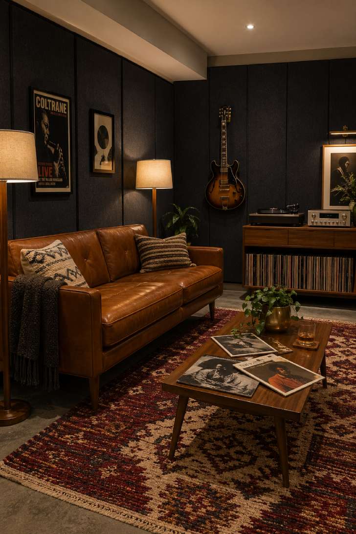 Basement listening room with charcoal acoustic panels, cognac leather mid-century sofa, vintage turntable console, and warm floor lamps.
