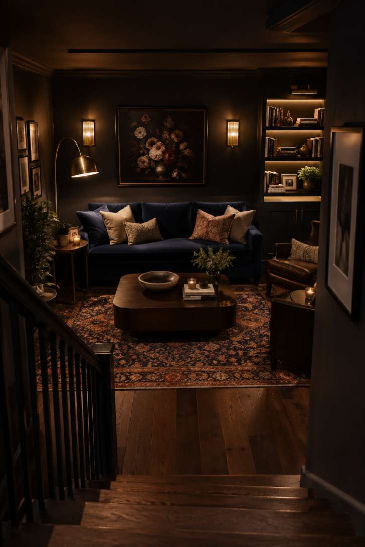Wide view of a moody basement lounge with charcoal walls, navy velvet sofa, layered brass lighting, and vintage Persian rug.