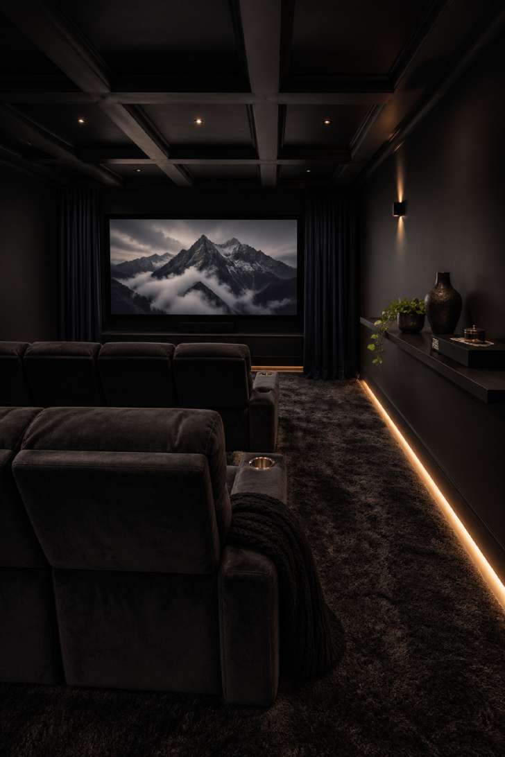 Basement home theater with matte black walls, charcoal velvet recliners, and warm amber LED strip lighting along the floor.