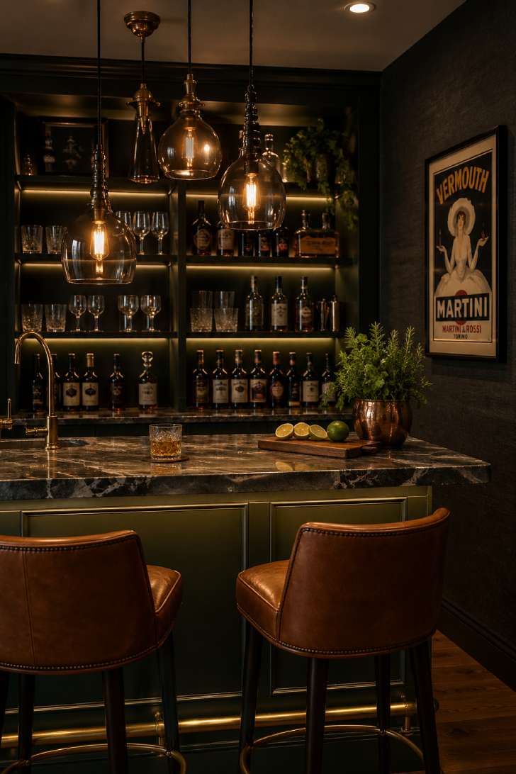 Basement bar with dark forest-green cabinetry, marble countertop, cognac leather bar stools, and brass pendant lighting.