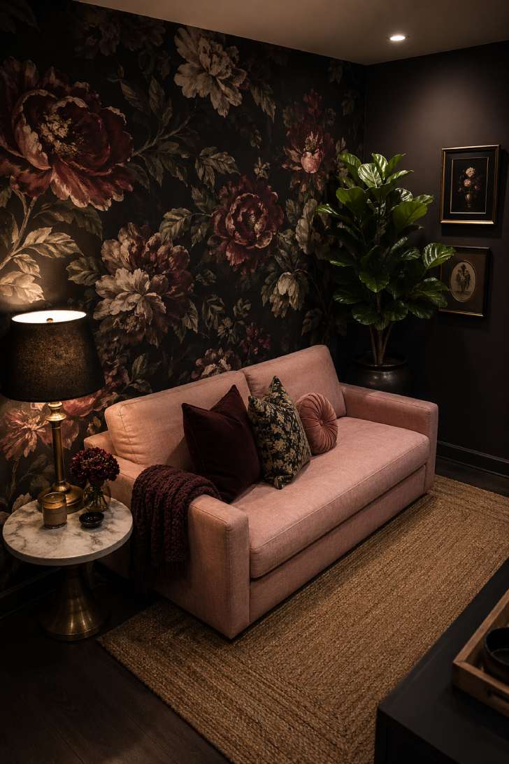 Dark floral wallpaper accent wall with large-scale blooms behind a blush linen loveseat in a moody basement sitting area.