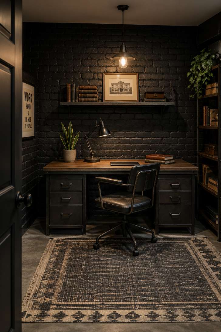 Industrial basement home office with black painted brick wall, dark metal desk with reclaimed wood top, and Edison pendant lighting.