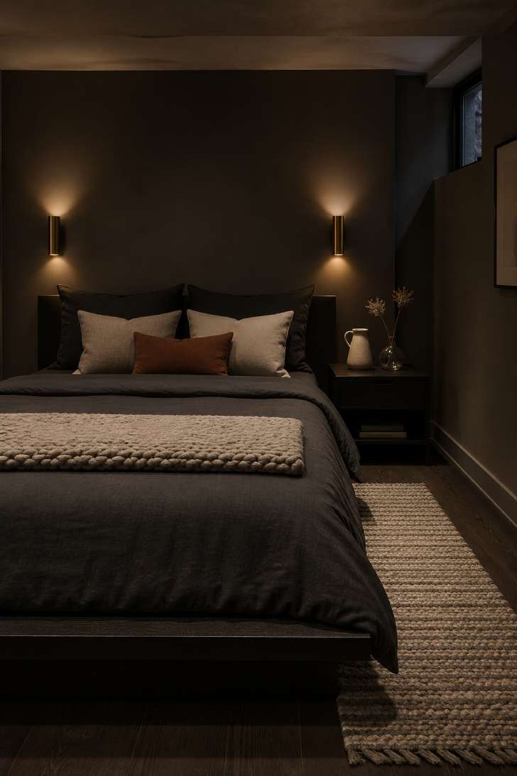Moody basement bedroom with dark linen bedding on a low black oak platform bed, brass wall sconces, and warm charcoal walls.