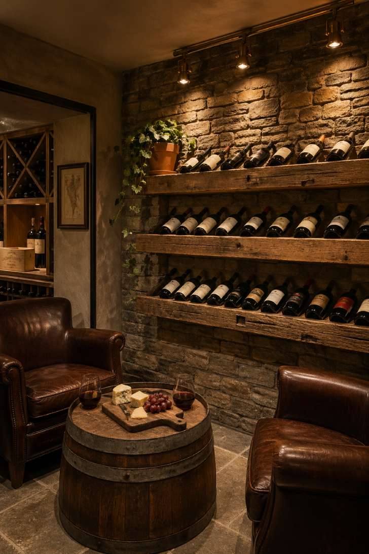 Basement wine nook with stacked stone accent wall, reclaimed wood wine shelving, brass spotlights, and dark leather club chairs.