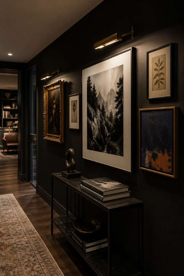 Moody gallery wall on matte black walls in a basement den with mixed frames, brass picture lights, and a curated art arrangement.