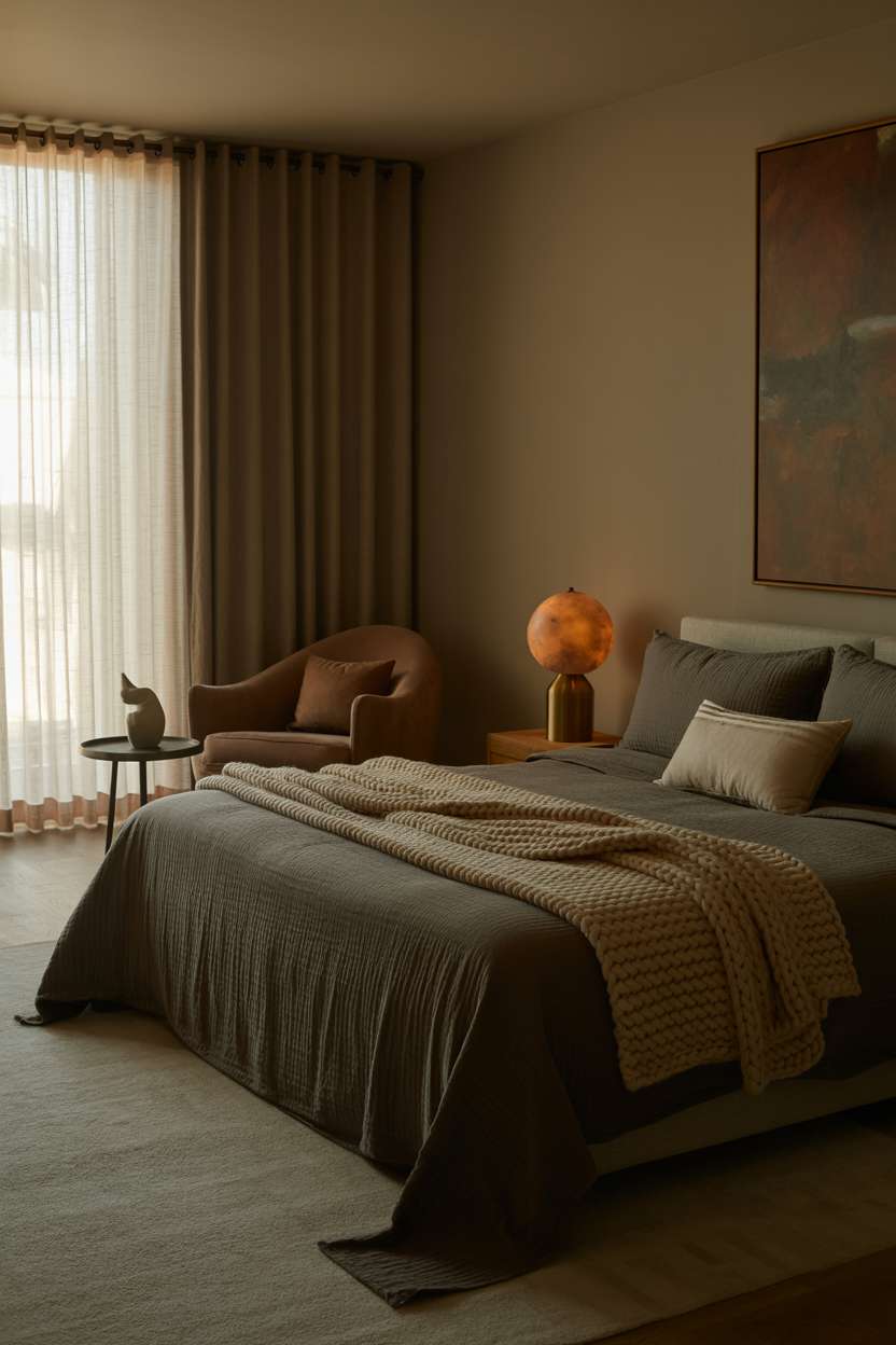 Charcoal grey master bedroom with plush bedding and brass lamp creating ambient lighting