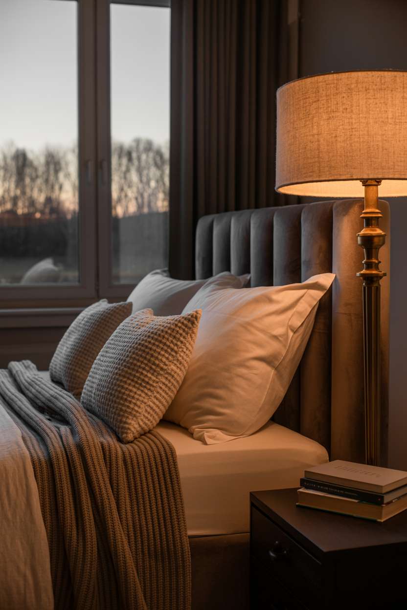 King-sized bed with dark grey velvet headboard and vintage brass floor lamp