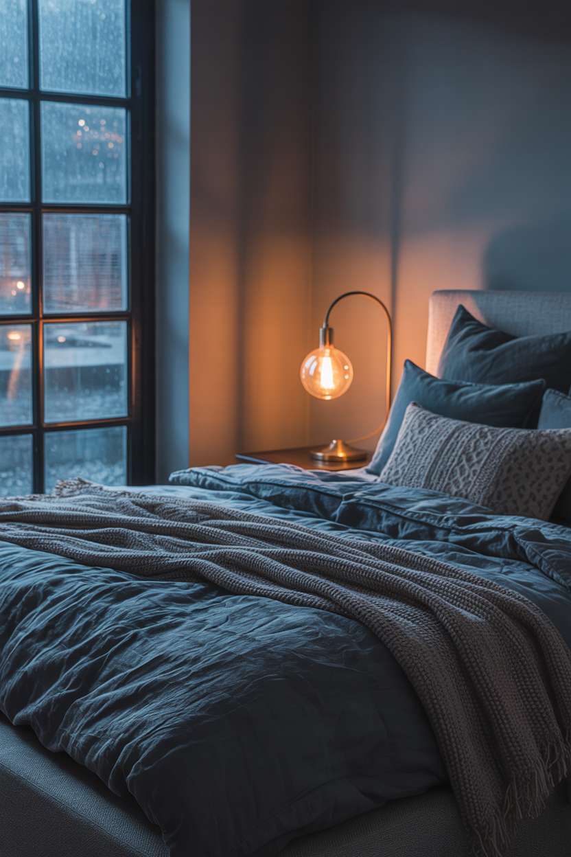 King-sized bed dressed in deep indigo linen with brass reading lamp