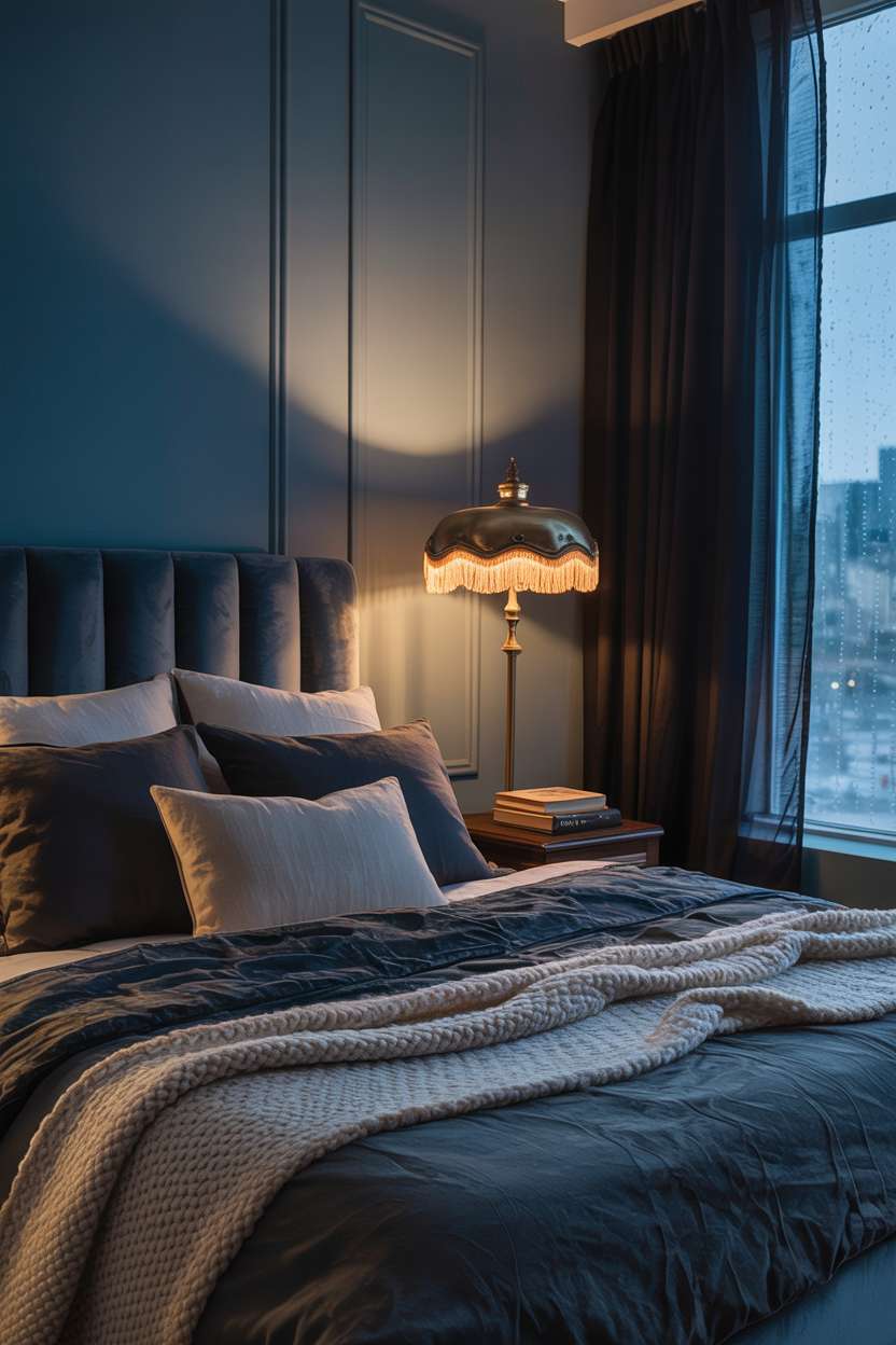 Luxurious bedroom with deep blue walls and vintage brass floor lamp with fringed shade