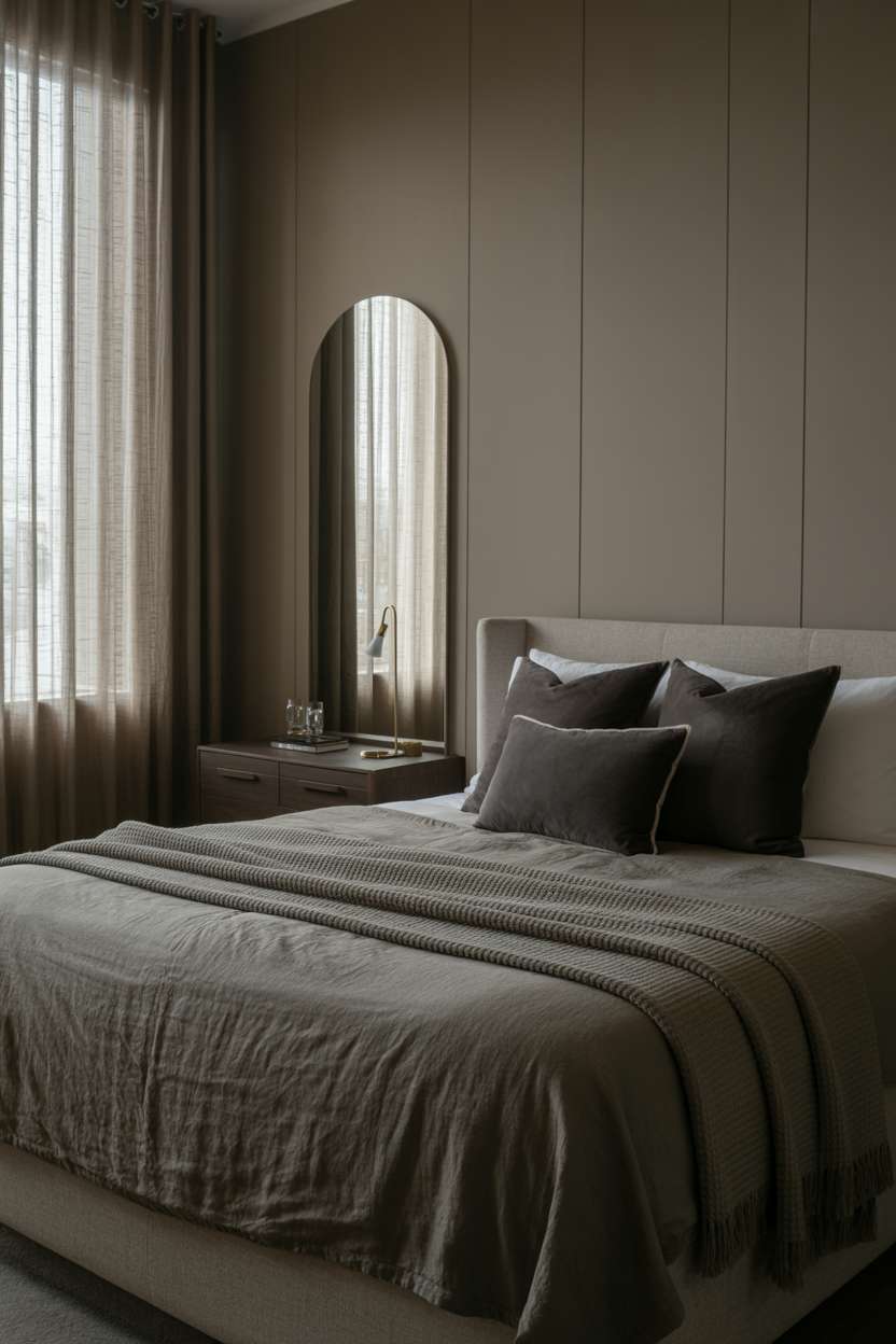 Minimalist bedroom with vertical wall paneling and charcoal gray linen bedding