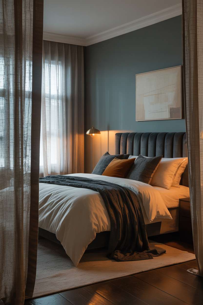 Master bedroom with deep teal walls and antique brass floor lamp