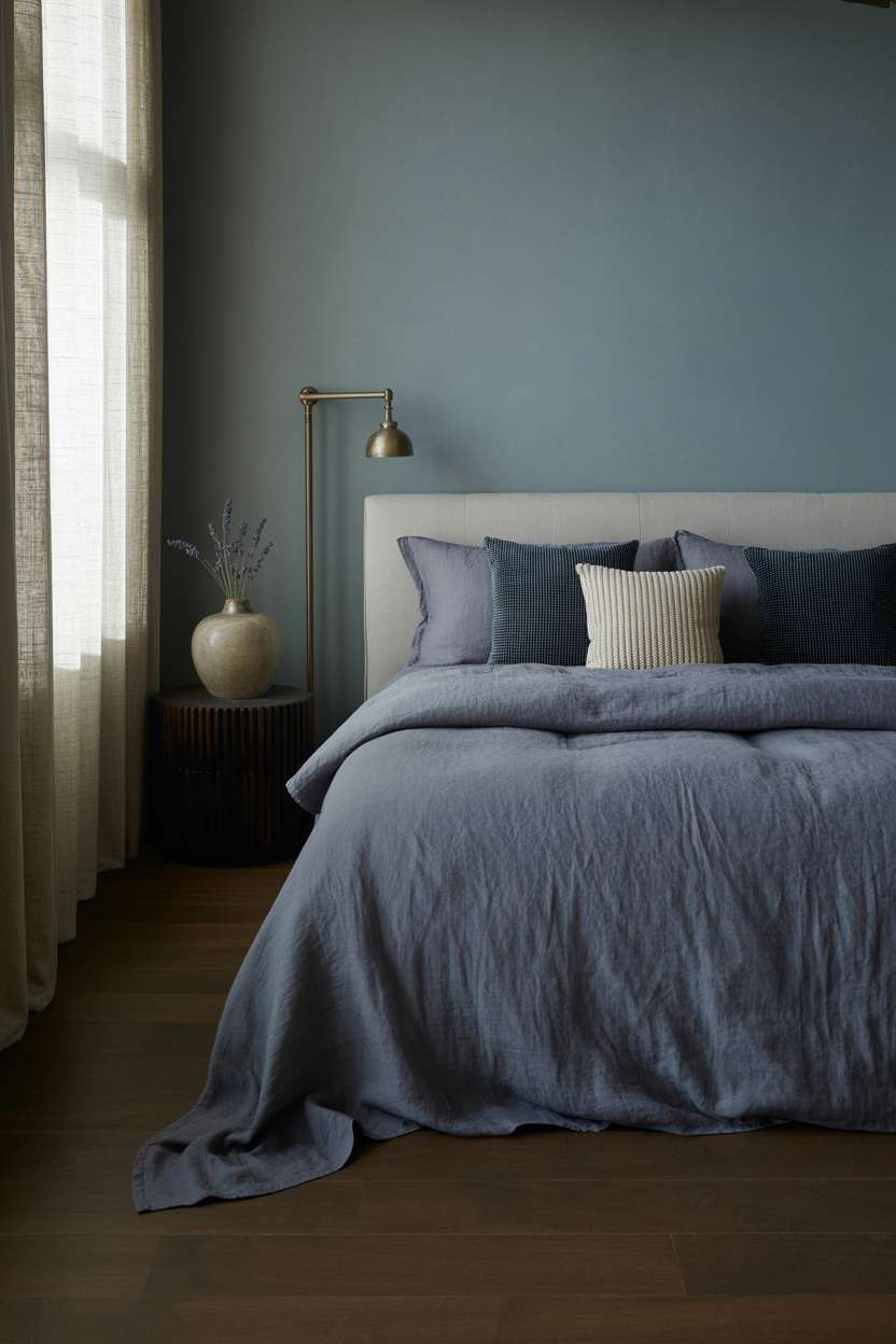 Bedroom with slate blue walls and dried lavender on nightstand