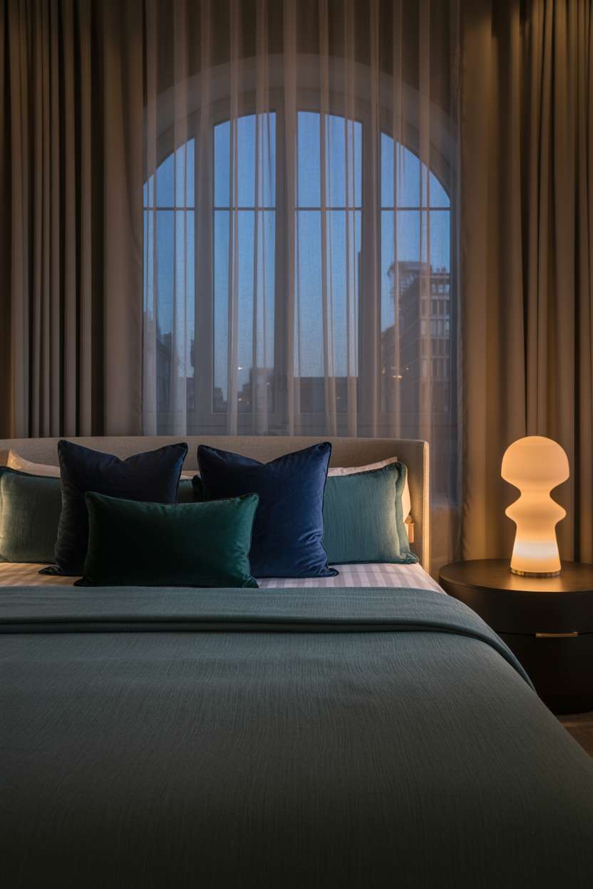 Bedroom with jewel-toned velvet pillows and arched window showing cityscape