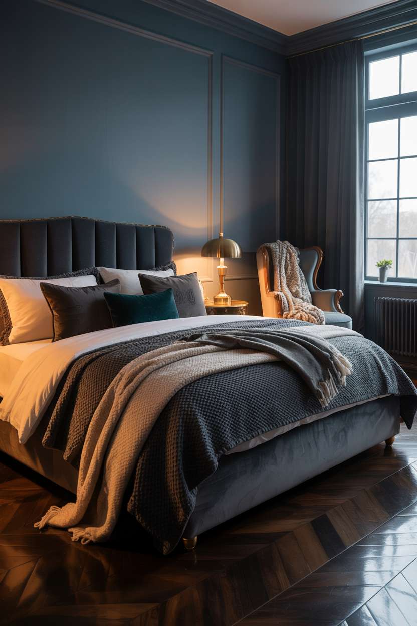 Master bedroom with deep blue walls and vintage armchair with knitted throw