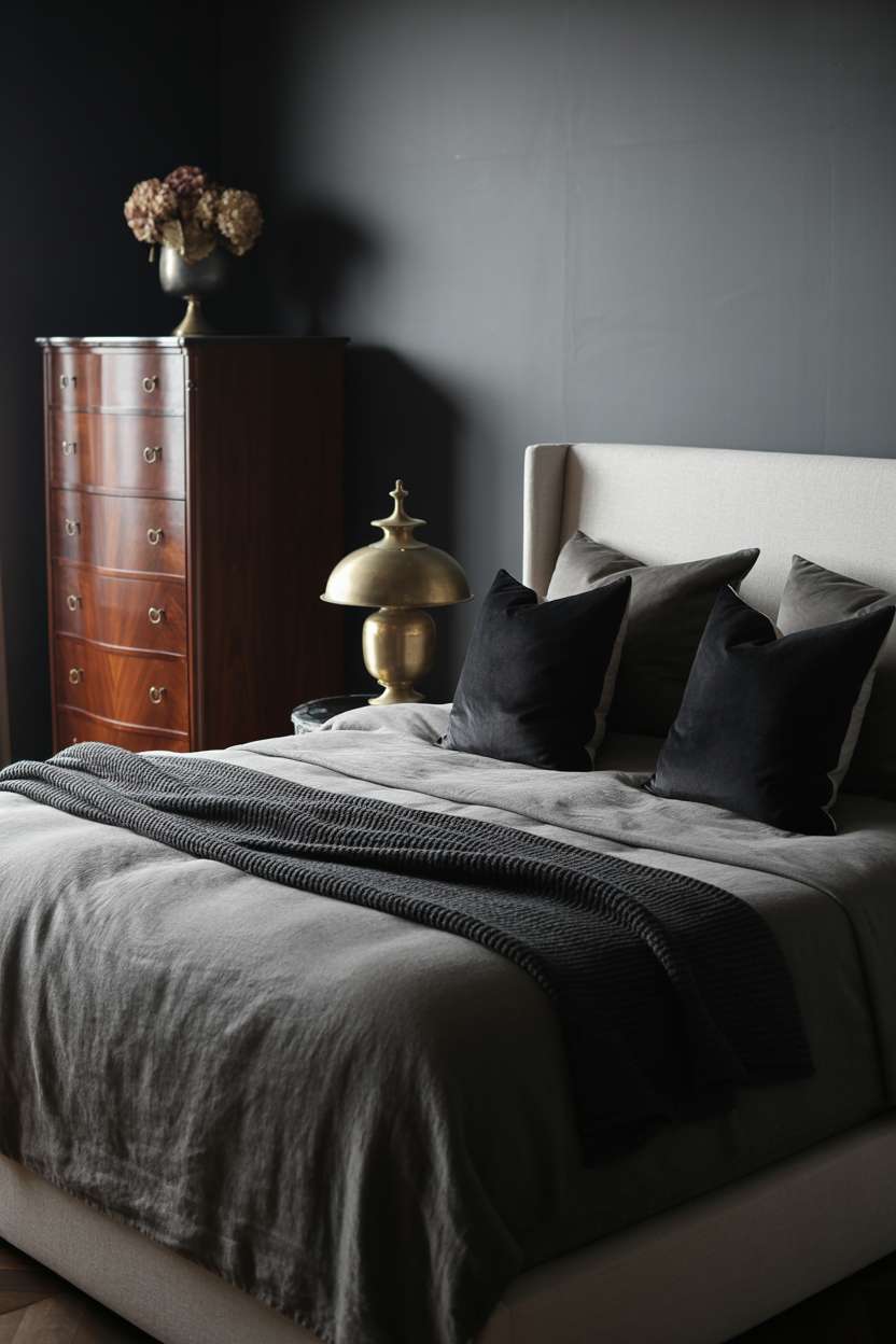 Bedroom with dark mahogany dresser topped with vintage brass lamp and dried hydrangeas