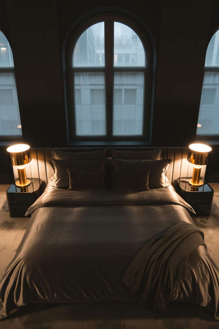 Dark moody bedroom with brass lamps and rain-swept cityscape view