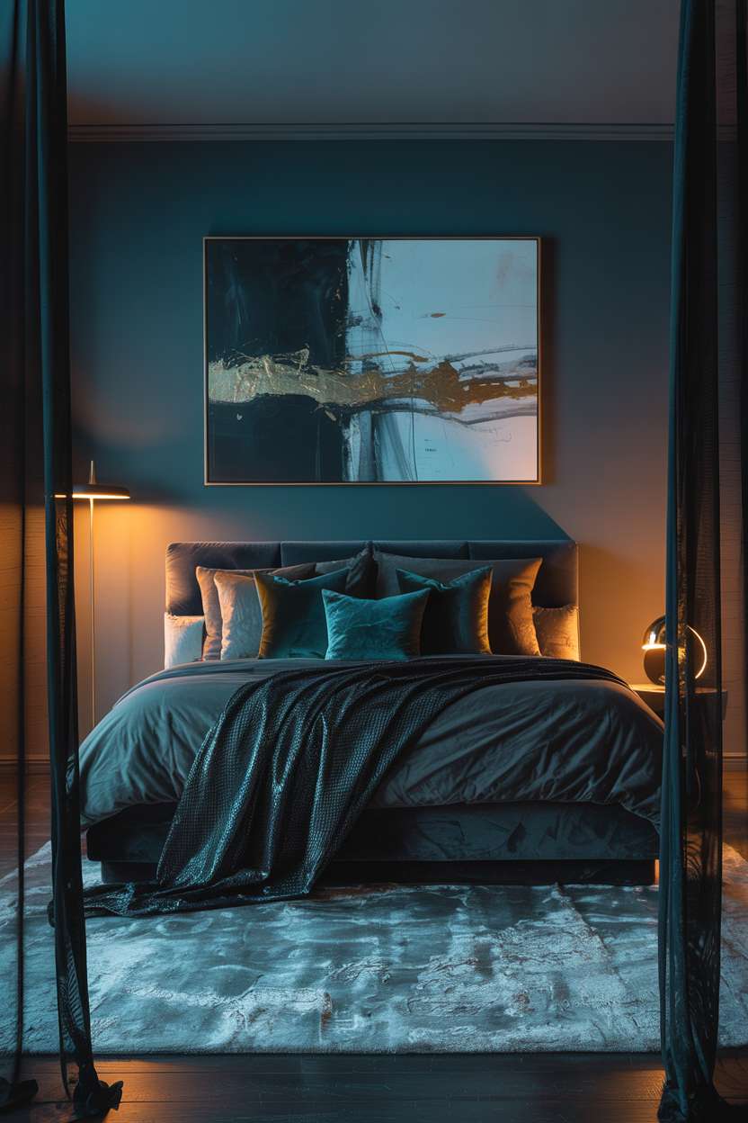 Modern bedroom with abstract painting featuring metallic gold accents