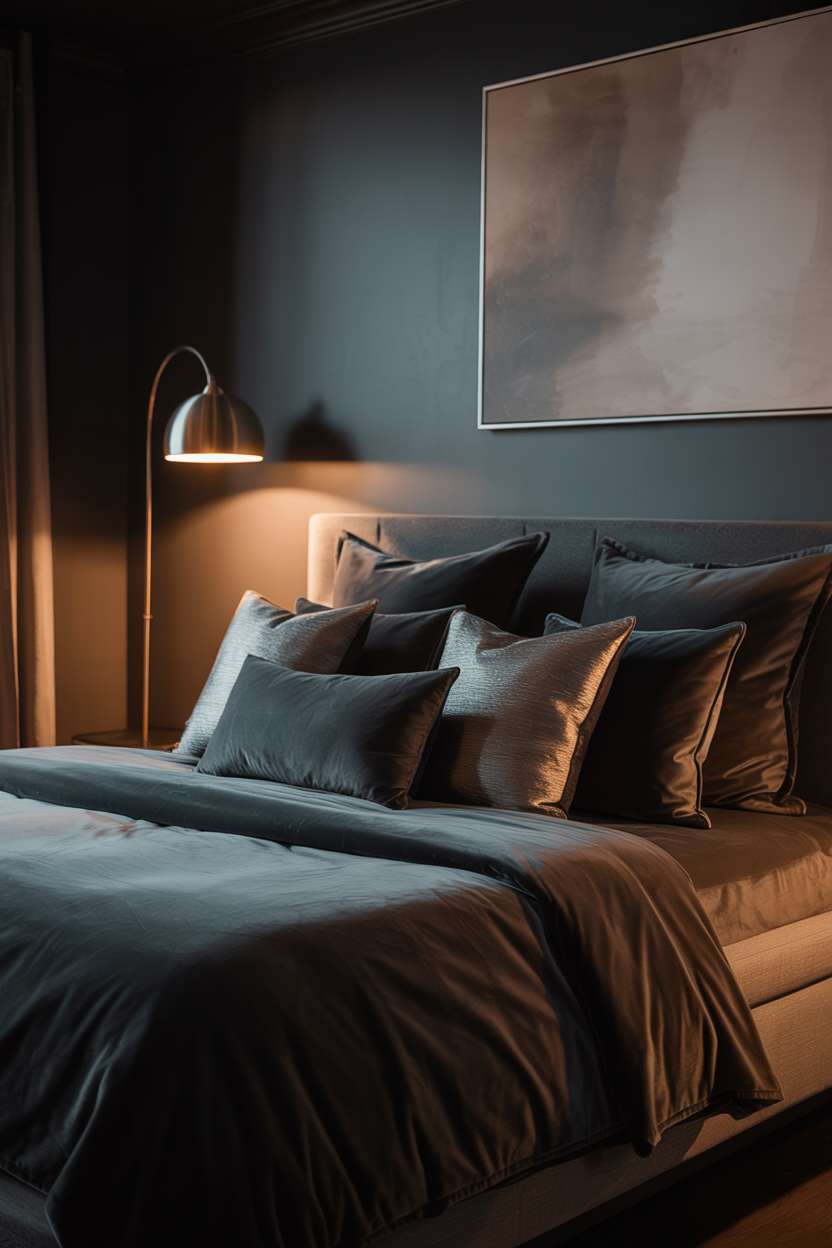 Stylish bedroom with charcoal gray walls and arched brass floor lamp