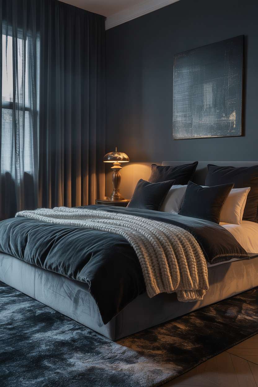 Dark bedroom with heavy velvet curtains and vintage brass lamp
