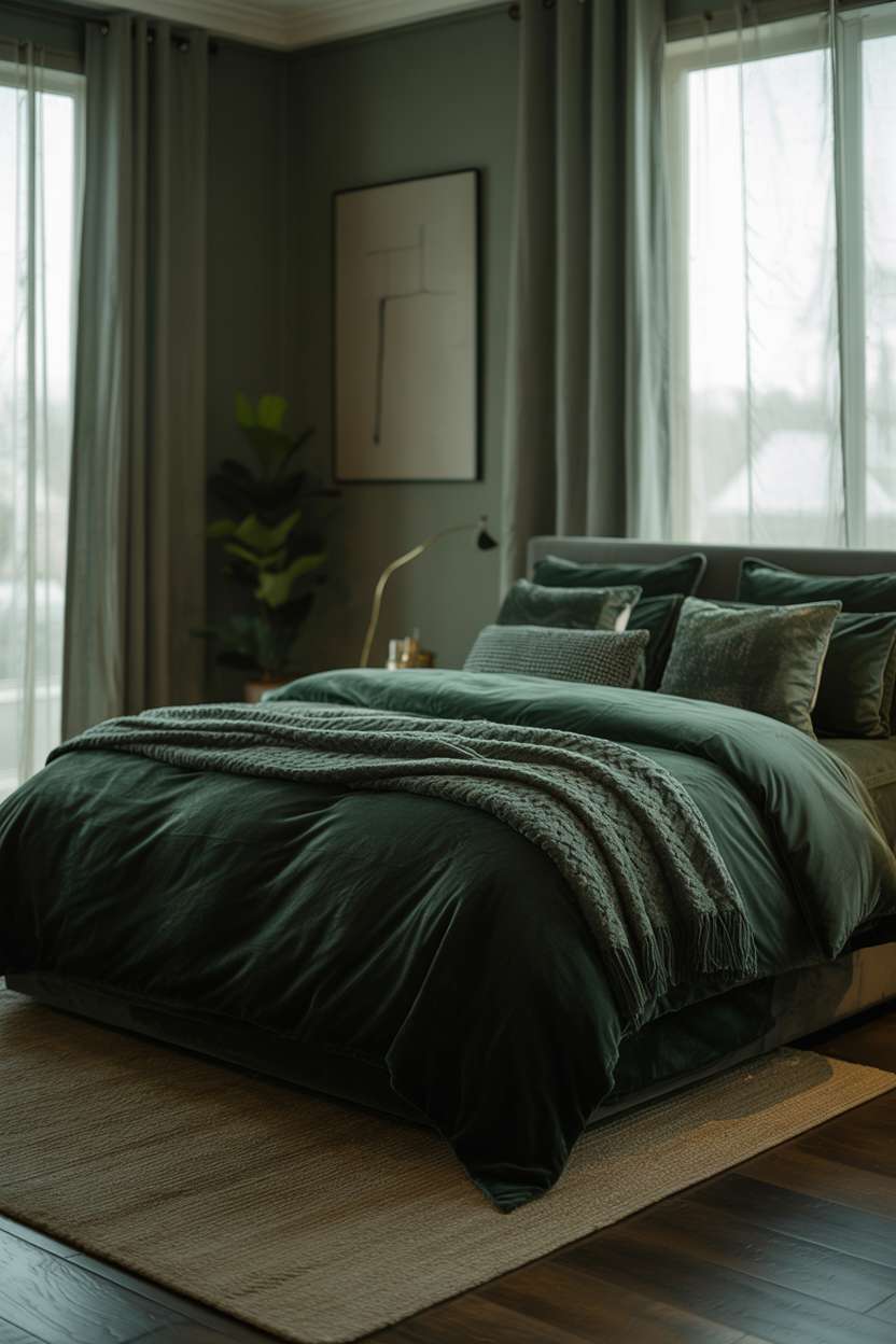 Luxury bedroom with emerald green velvet bedding and fiddle-leaf fig plant