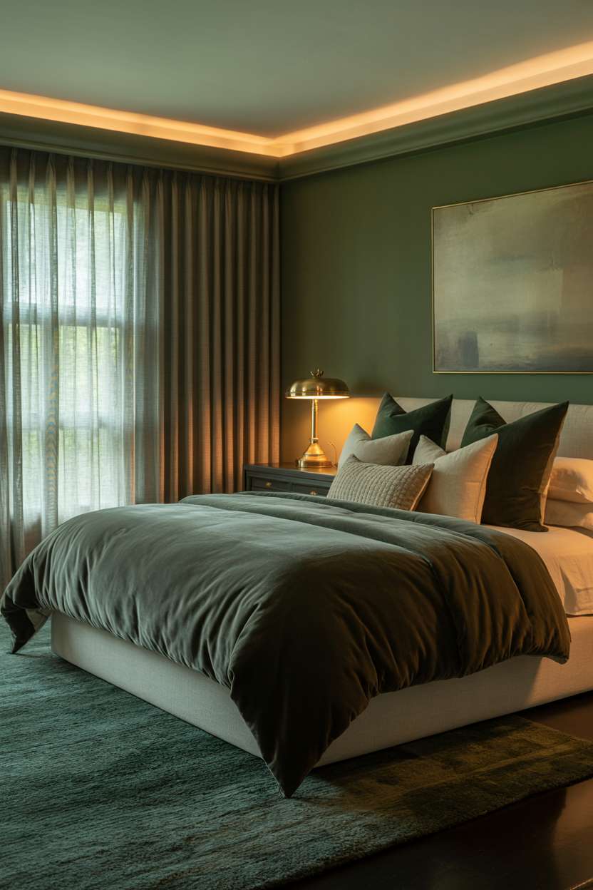 Bedroom with forest green walls and textured throw pillows in varying green shades
