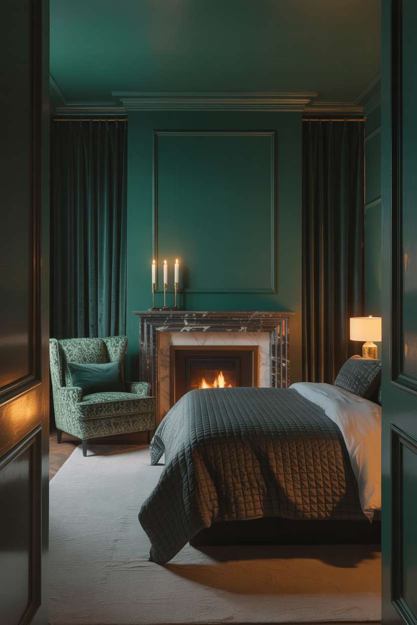 Bedroom with forest green walls, marble fireplace, and patterned emerald armchair