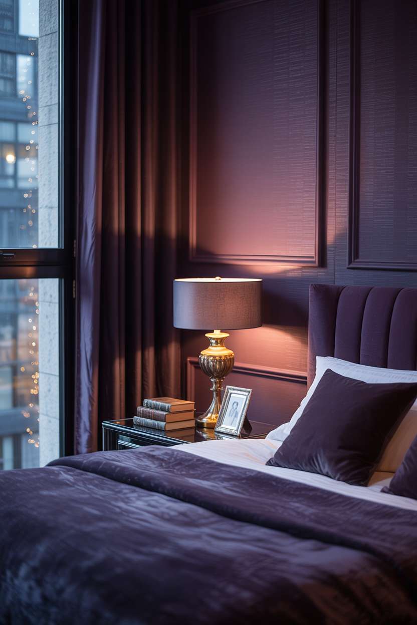 Bedroom with deep purple walls and city lights visible through window