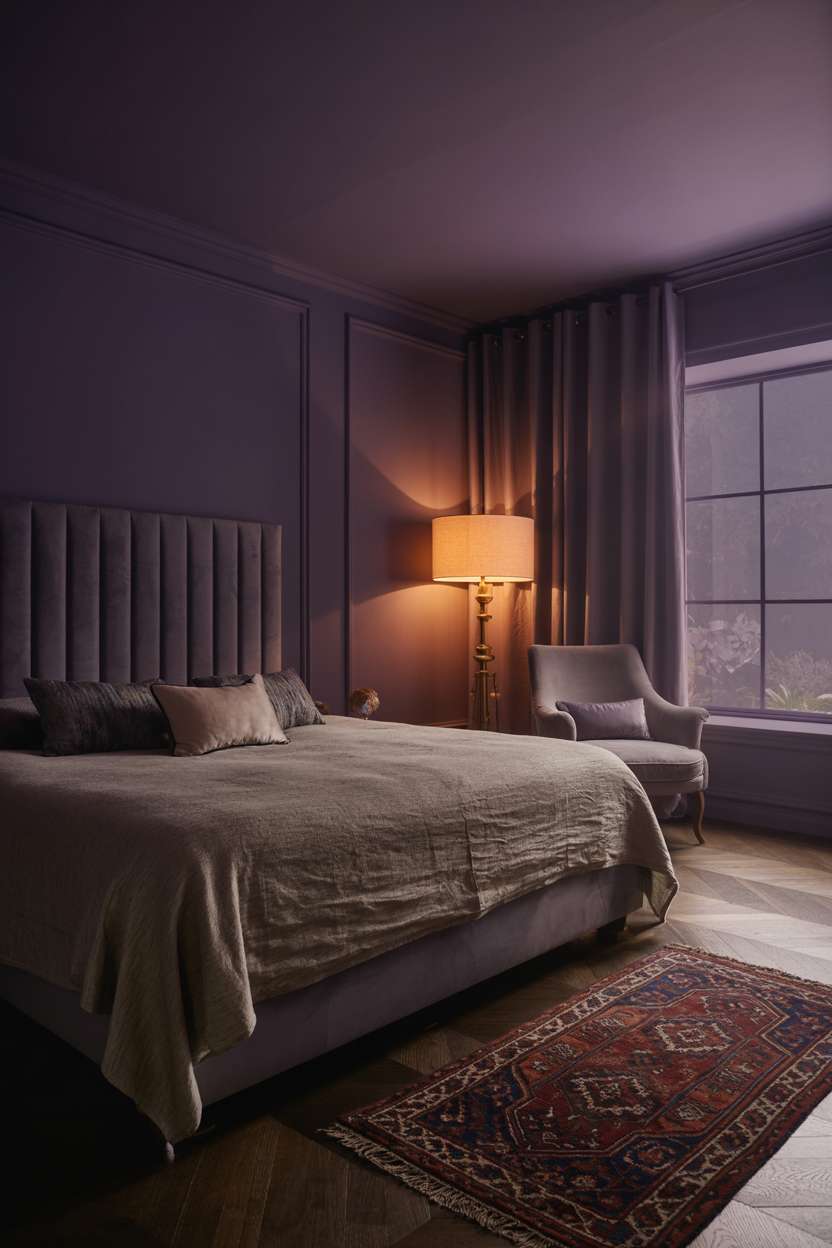 Bedroom with purple walls, velvet headboard, and vintage Persian rug