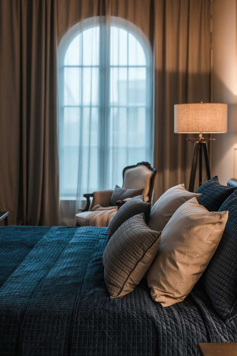 Bedroom with deep blue velvet bedding and arched window with sheer curtains