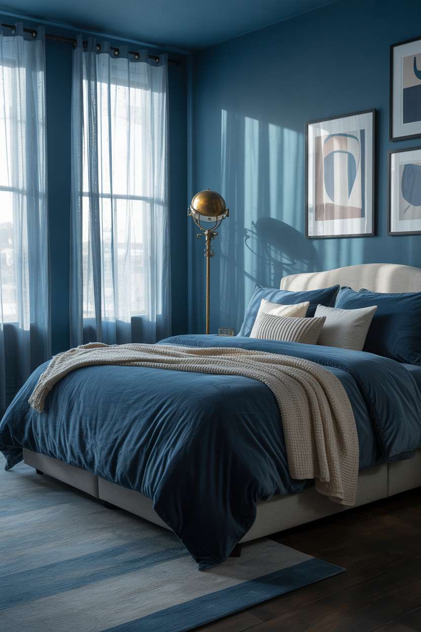 Blue bedroom with gallery wall of framed abstract prints